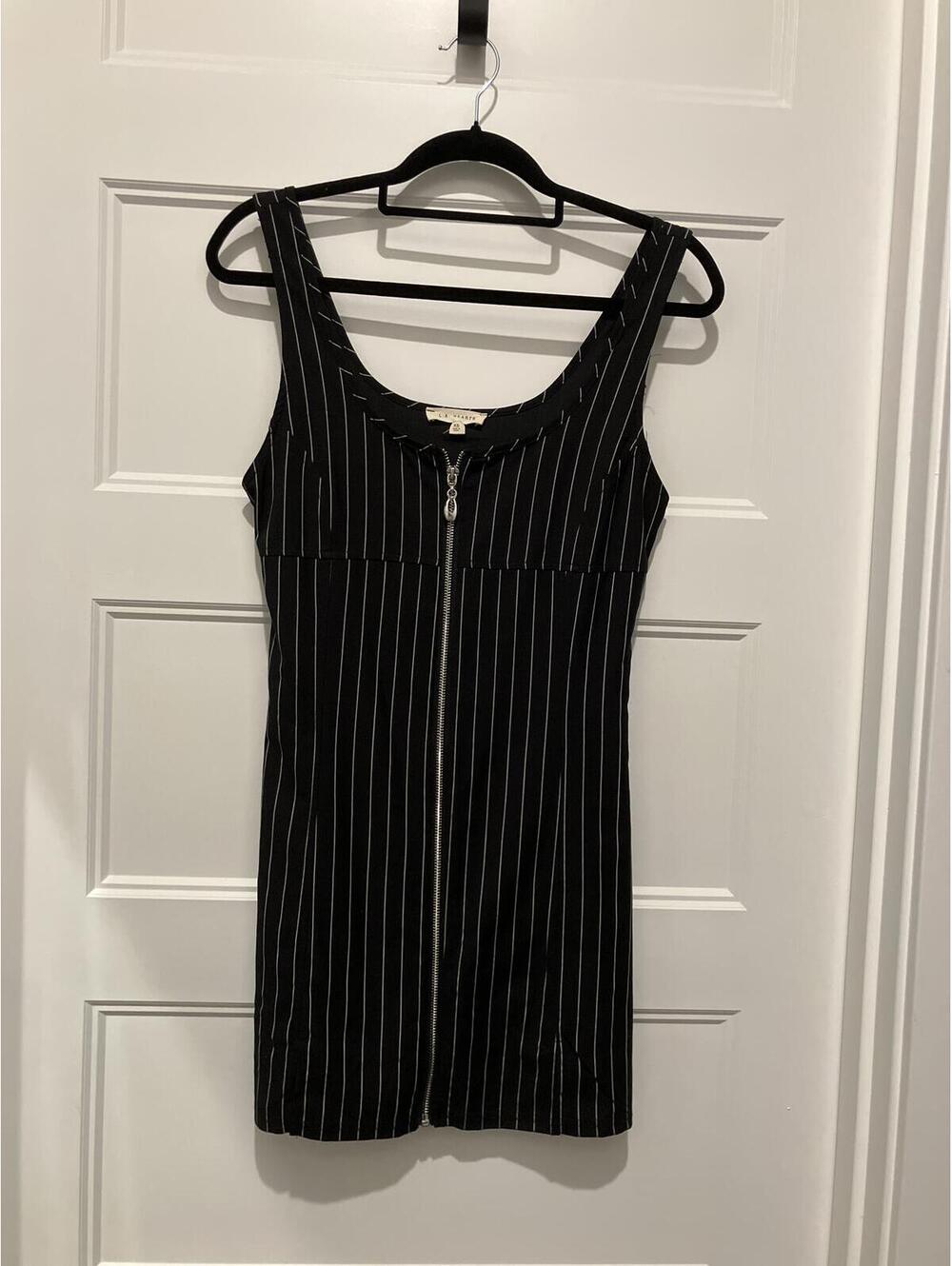L.A. Hearts Black White Pinstripe Zip Front Sleeveless Mini,